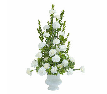 Tall white floral arrangement in a white vase