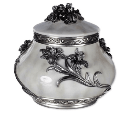 Ornate silver urn with raised floral decoration and a fitted lid