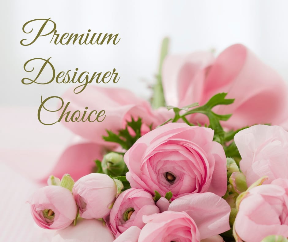 Pink ranunculus bouquet with green accents and the words Premium Designer Choice