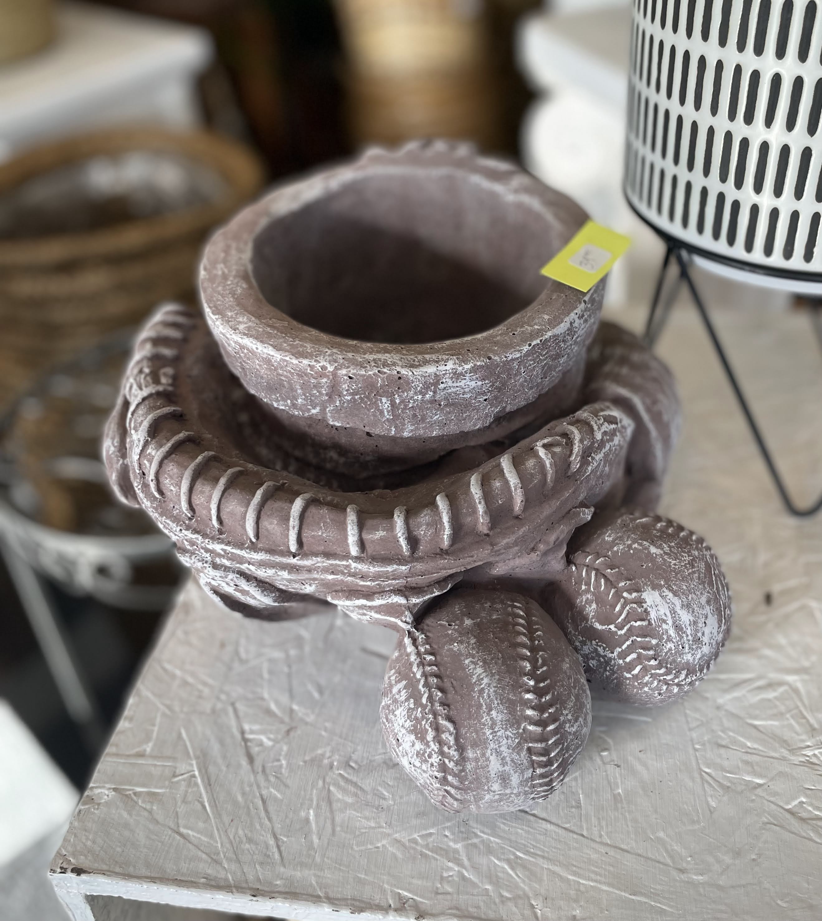 Decorative ceramic planter shaped like stacked baseballs
