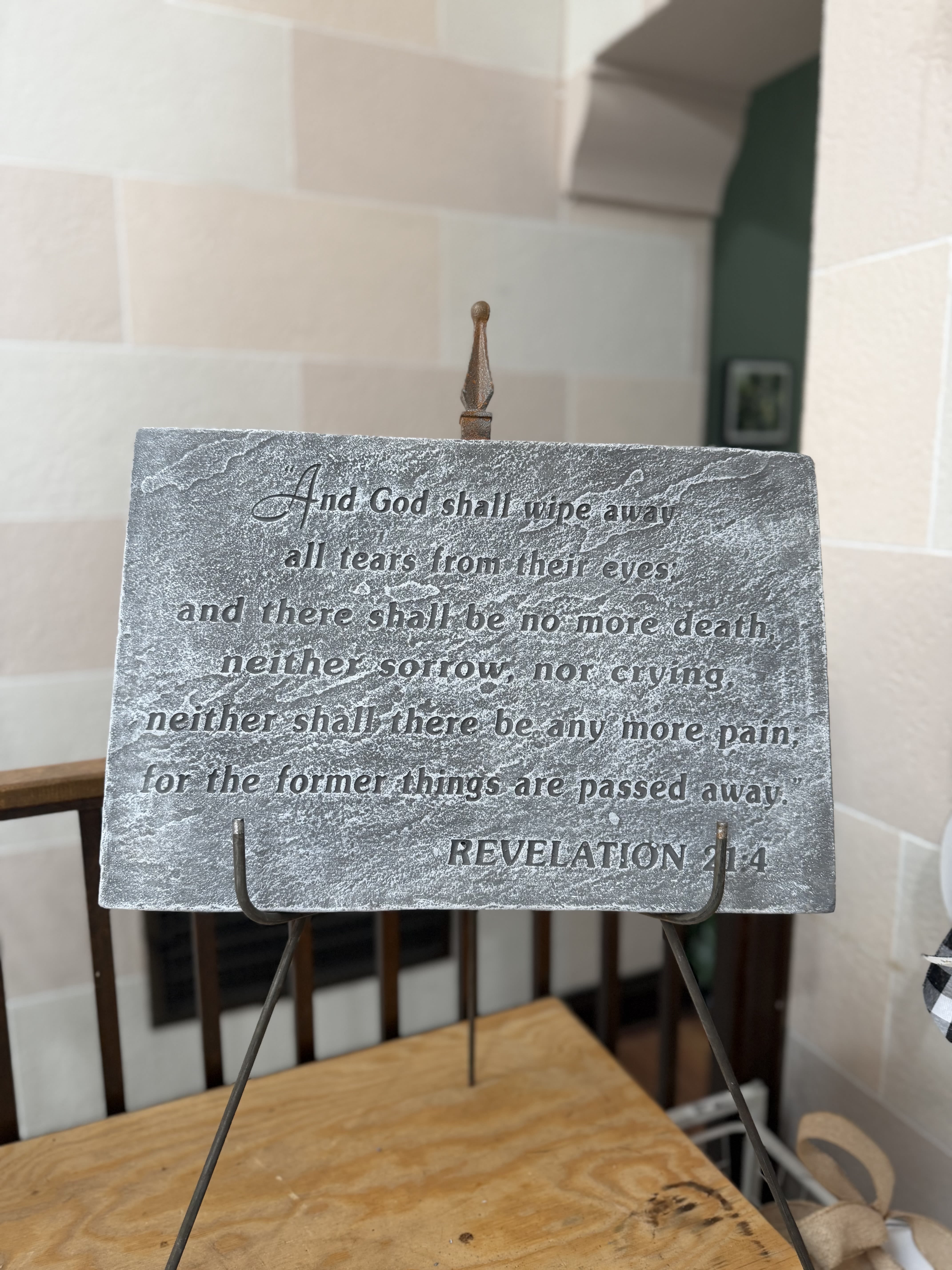 Revelation 21:4 Stone  - A concrete sympathy stone with a stand.  Stone Reads: "And God shall wipe away all tears from their eyes, and there shall be no more death, neither sorrow, nor crying, neither shall there be any more pain, for the former things are passed away. -Revelation 21:4" 
