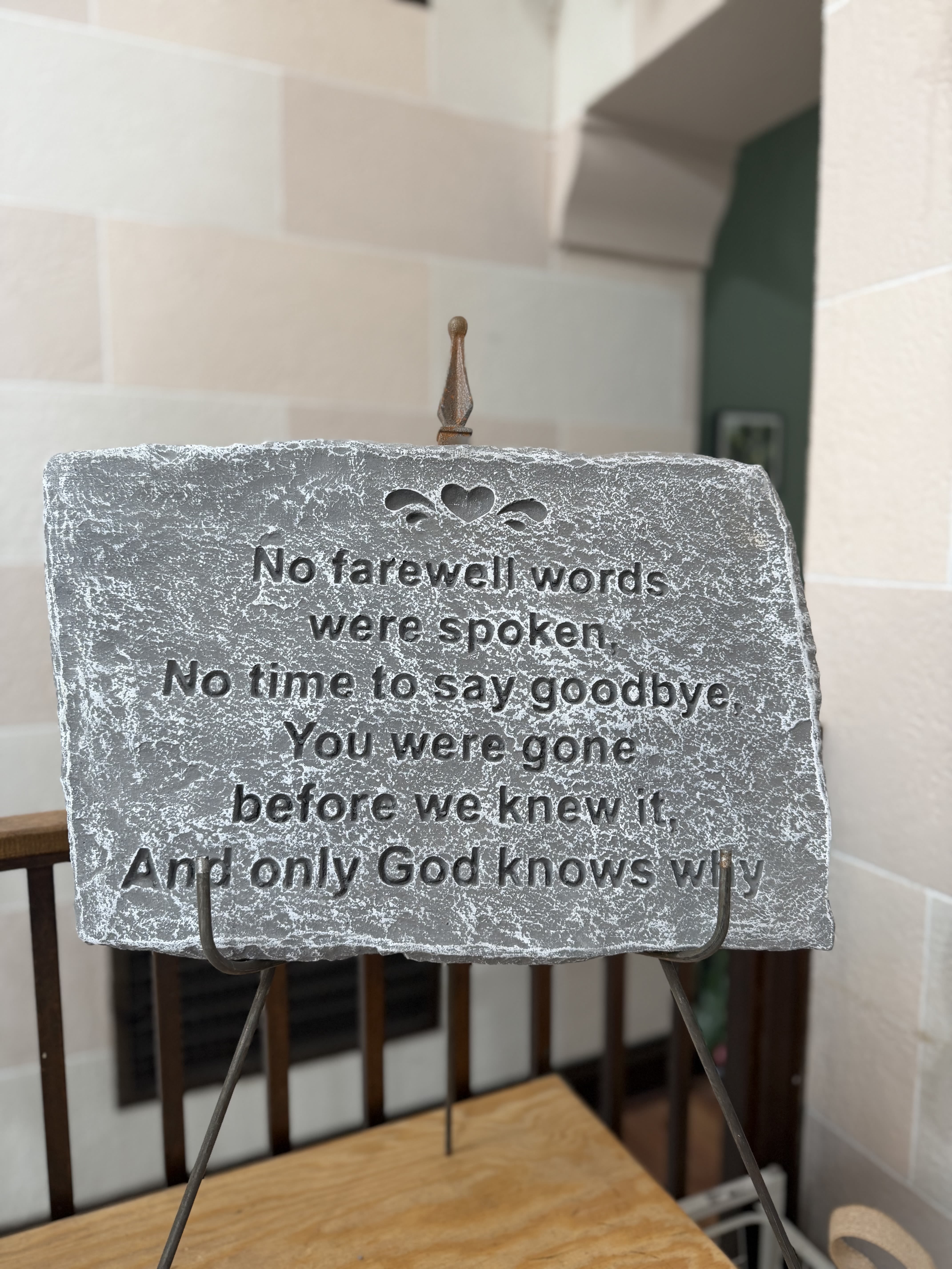 Farewell Memorial Stone - Keepsake Memorial plaque on an easel. 'No farewell words were spoken, no time to say goodbye, you were gone before we knew it and only God knows why.'