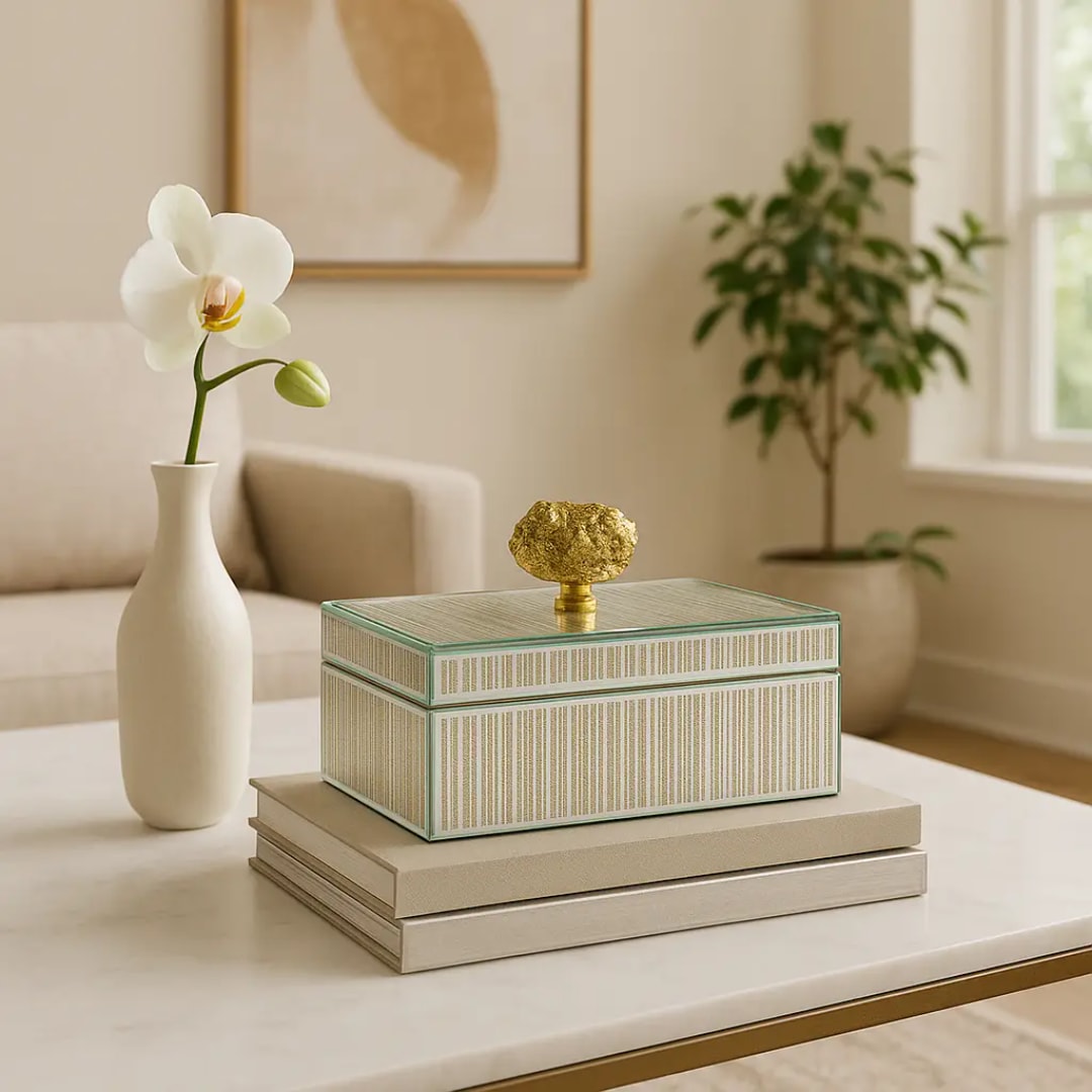 White orchid in a vase beside a decorative box on a table
