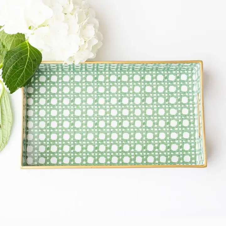 Green Cane Rectangular Tray - Crafted from durable, high-quality plastic resin, this tray is lightweight yet sturdy, making it perfect for holding perfumes, cosmetics, jewelry, or small decorative accents, as well as serving drinks or appetizers in intimate settings.  11.25" x 6.5" x 1.25"