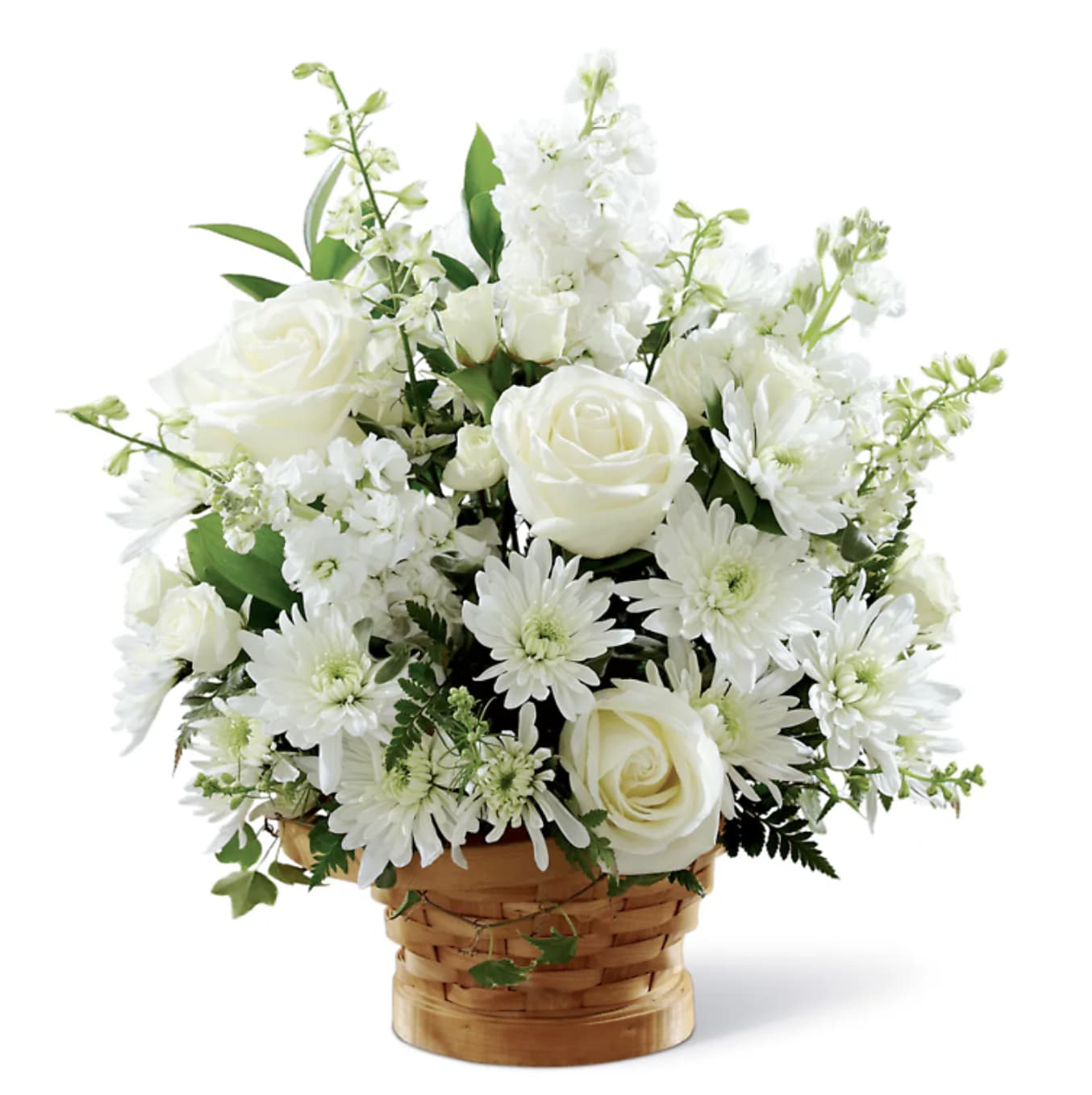 White roses and daisies arranged in a woven basket