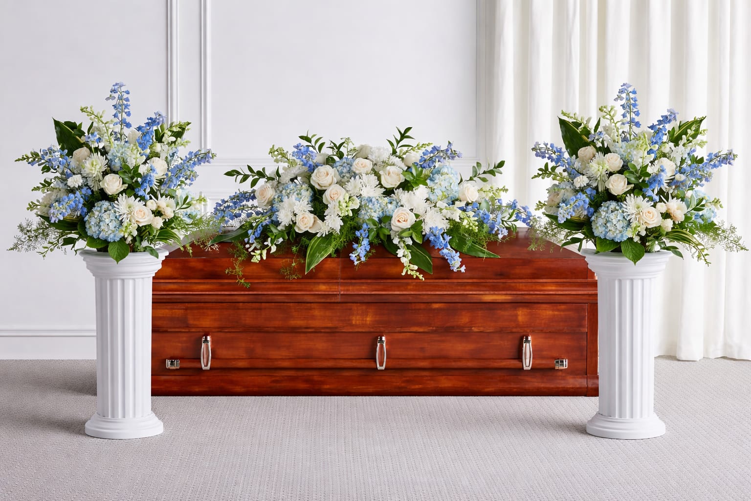 Blue Memories Bundle - The Blue Memories Bundle features a coordinated set designed to create a balanced and serene tribute. The package includes a full casket spray paired with matching arrangements to be placed on elevated stands, offering a cohesive and polished presentation. Soft, complementary tones and lush textures provide a comforting and refined aesthetic. Perfect for honoring a loved one with grace and understated beauty.