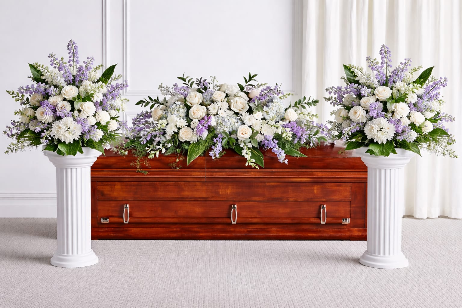 Lavender Reflections Bundle - Lavender Reflections Bundle features a coordinated set designed to create a balanced and serene tribute. The package includes a full casket spray paired with matching arrangements on elevated stands, offering a cohesive and polished presentation. Soft, complementary tones and lush textures provide a comforting and refined aesthetic. Perfect for honoring a loved one with grace and understated beauty.