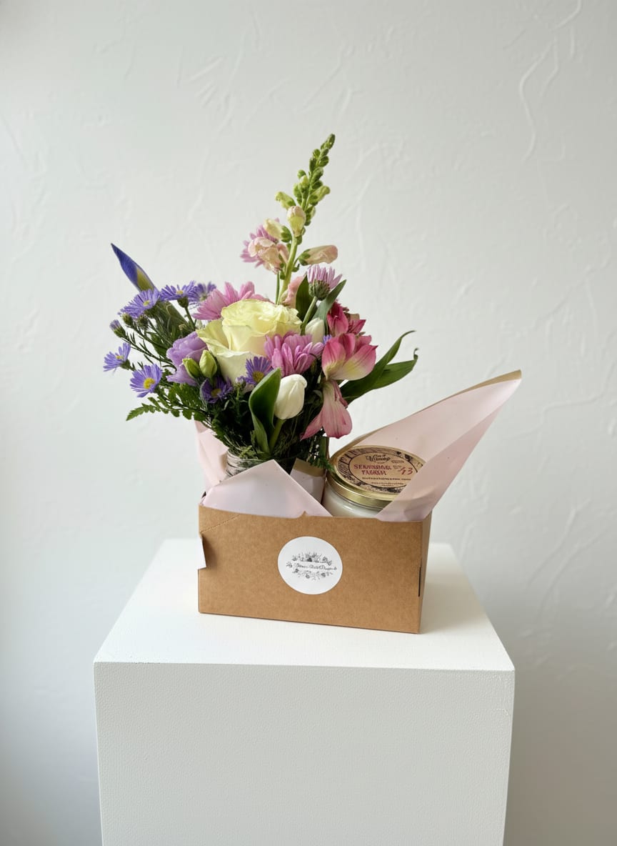 Cozy Candle Bundle - This arrangement is perfect for an important person in your life! Featuring colorful blooms arranged in a vase, paired with a candle of your choice! We cannot guarantee the same colors and varieties of flowers pictured, but it will give the same style and feel! Let us know if there are any specific colors or varieties of flowers you have in mind, we will try our best to accommodate! Scent Options: Date Night Bouquet of Flowers  Sparkling Punch Cucumber Matcha Strawberry Daydream Blackberry Sage Eucalyptus Morning Dark Seas Fresh Limoncello Leave your scent preference in the notes section at checkout! 