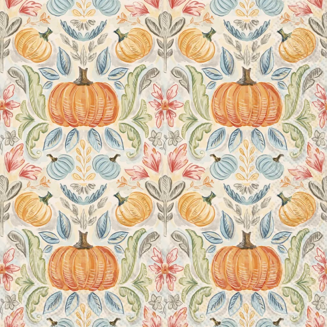 Patterned fabric with pumpkins and autumn leaves in soft pastel colors