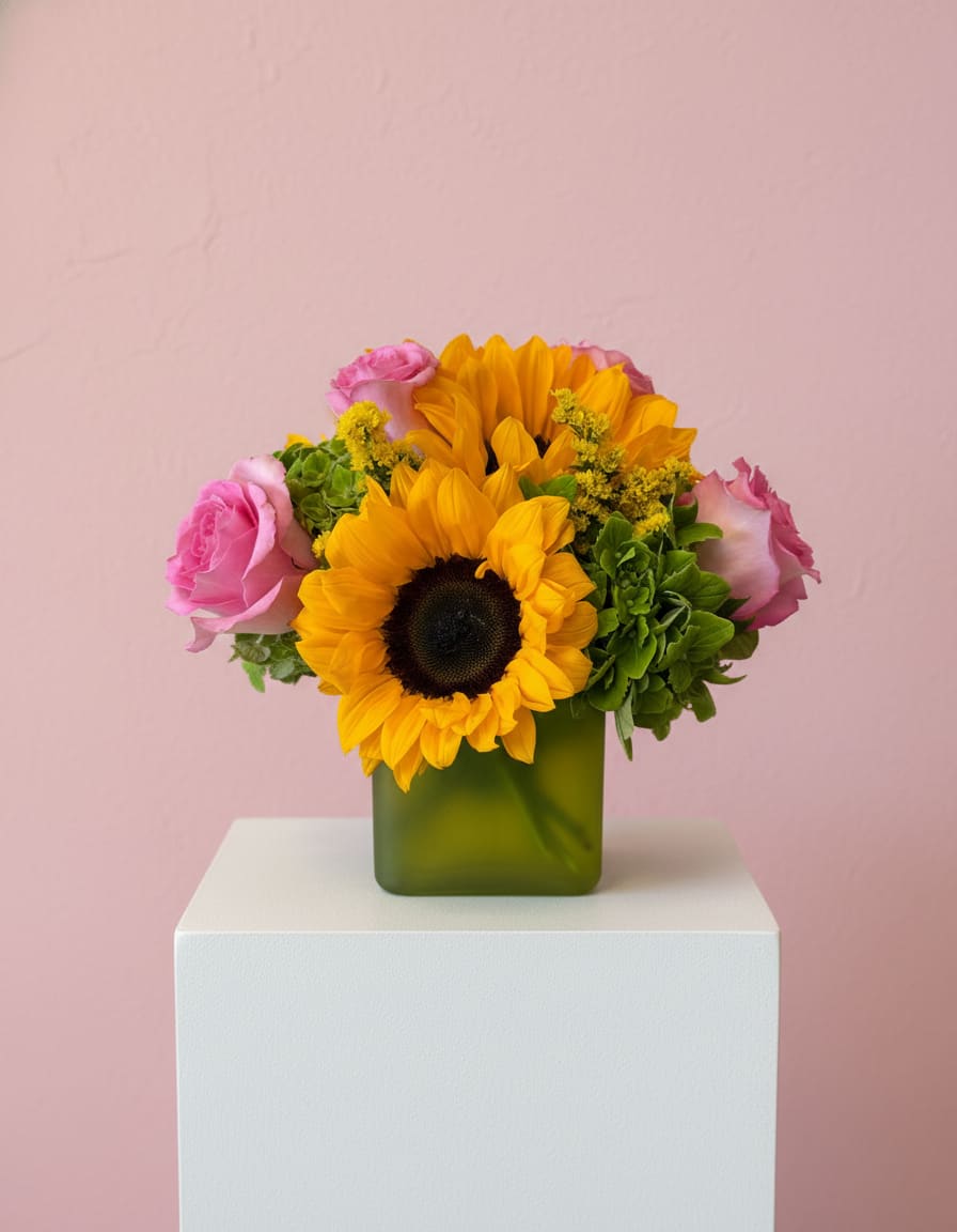 Sunflowers and pink roses arranged in a green square vase