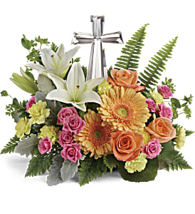 Teleflora's Precious Petals Bouquet - Nestled among bright orange gerberas, pink roses and white lilies, this precious crystal cross keepsake brings joyful reverence to your special occasion.