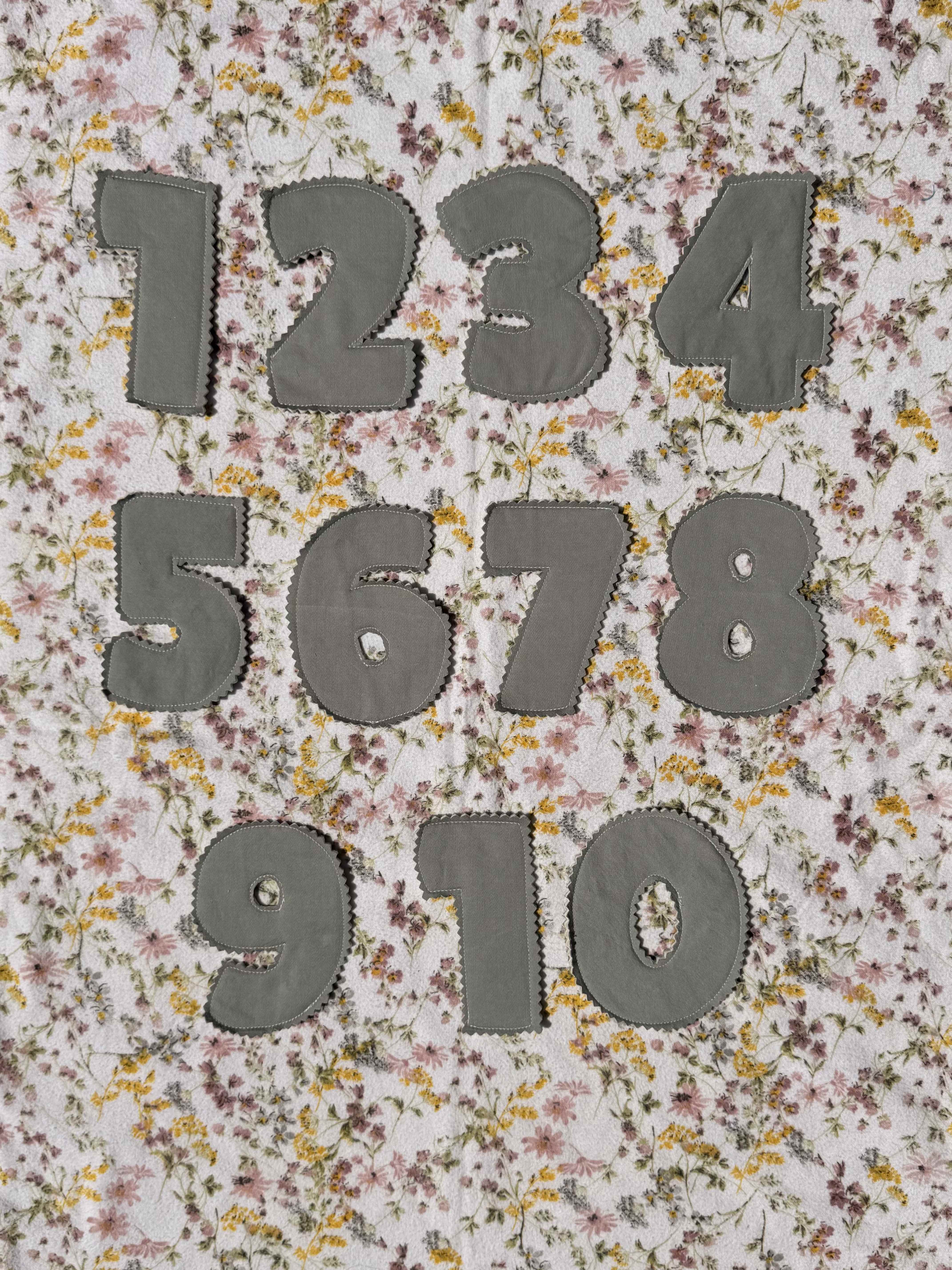 Milestone Numbers - Hand-sewn gray fabric on one side and a colorful pater on the other, numbers arranged on a soft white quilt create a gentle, personalized display perfect for milestone photos or nursery decor. As a milestone numbers arrangement for baby showers or first-year photo sessions, this display reads as a thoughtful keepsake that makes the person you're celebrating feel cherished and remembered. Use this set to mark monthly baby photos, birthday milestones, or special family moments; it also doubles as soft decor after the shoot. The pieces are lightweight and fabric-safe for gentle handling-perfect for positioning on blankets, beds, or laps when you want the focus to be on the milestone and the person you're celebrating.