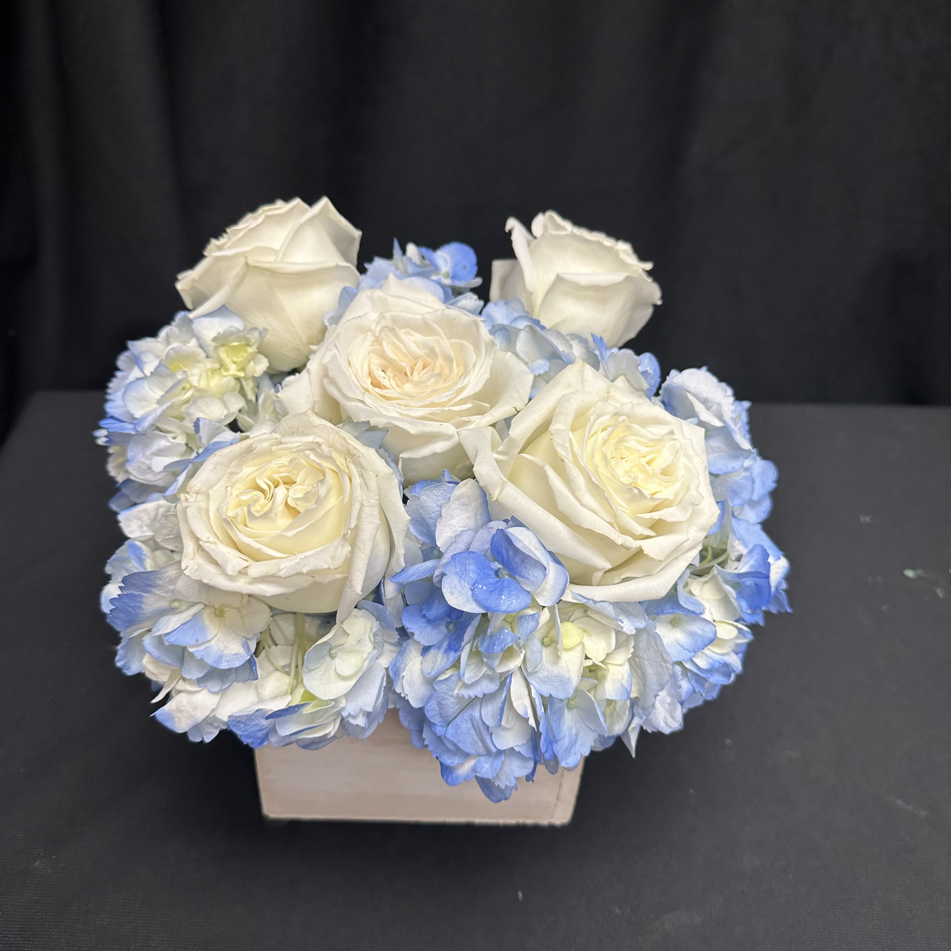 White roses and blue hydrangeas in a square box