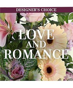 Romantic mix of soft pink lilies, roses, and gerbera daisies behind Love and Romance text.