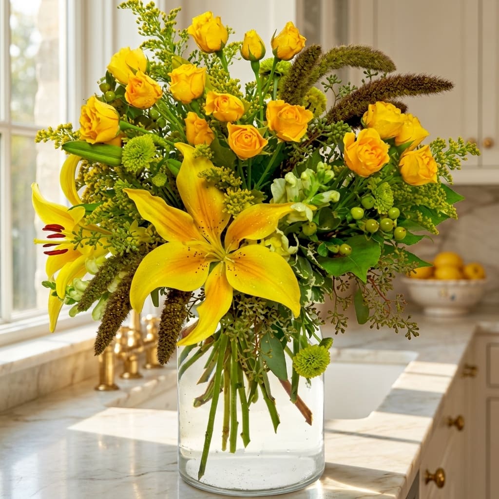 Yellow roses and lilies arranged in a clear glass vase