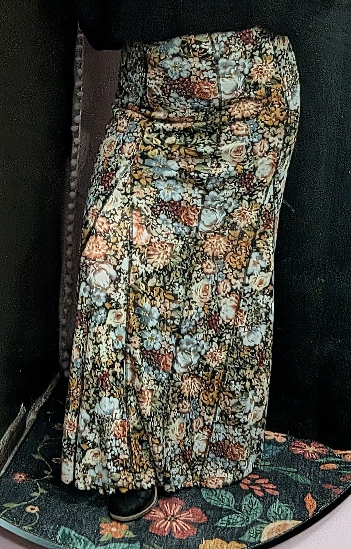 Floral-print long skirt with a dense multicolor flower pattern