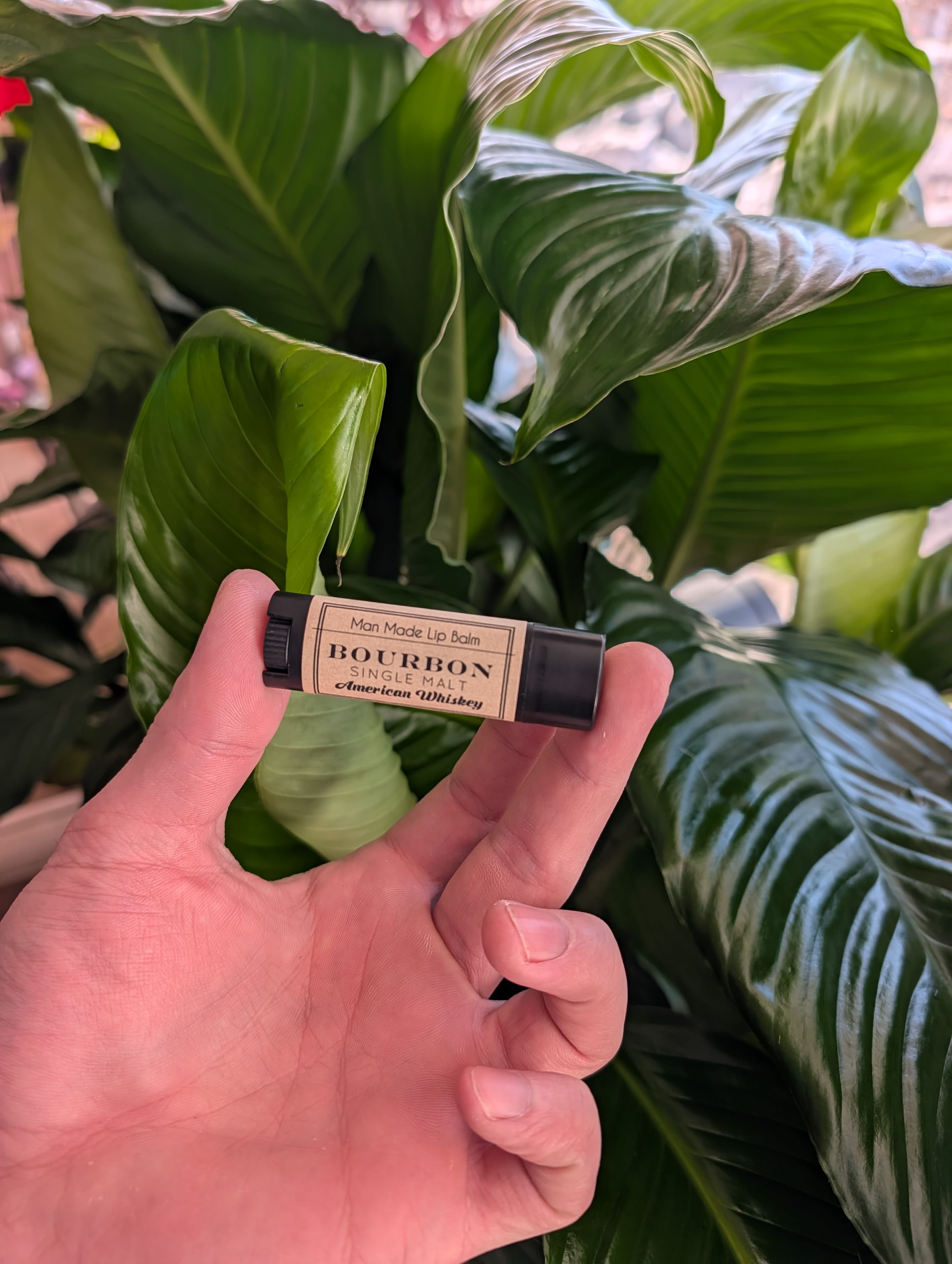 Hand holding a bourbon lip balm in front of large green leaves.