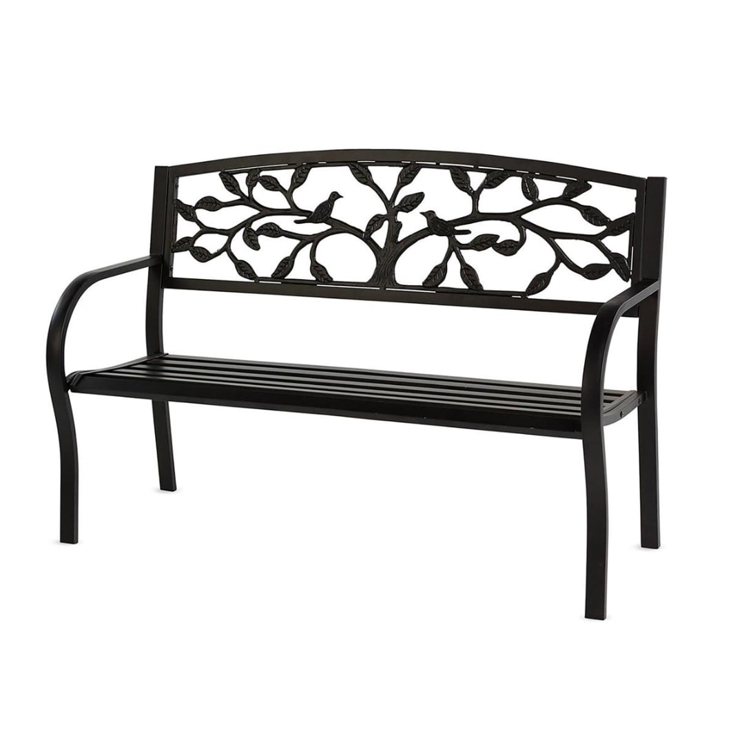 Black metal bench with a decorative tree-and-bird backrest