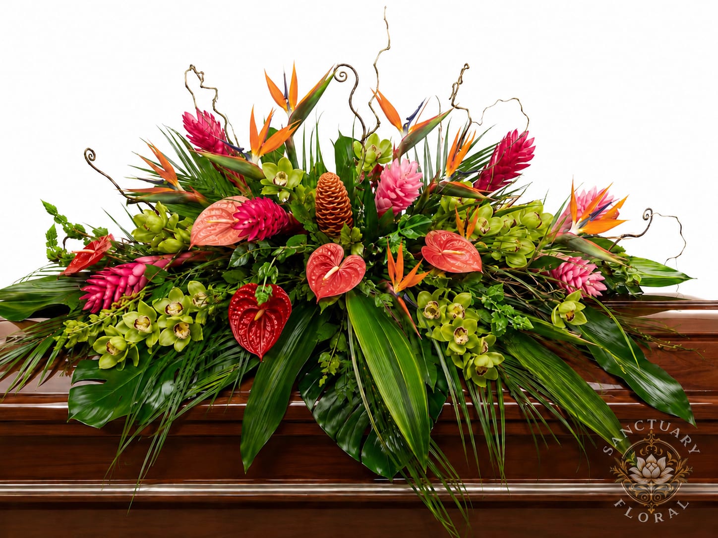 Tropical floral casket spray with pink, orange, and green blooms