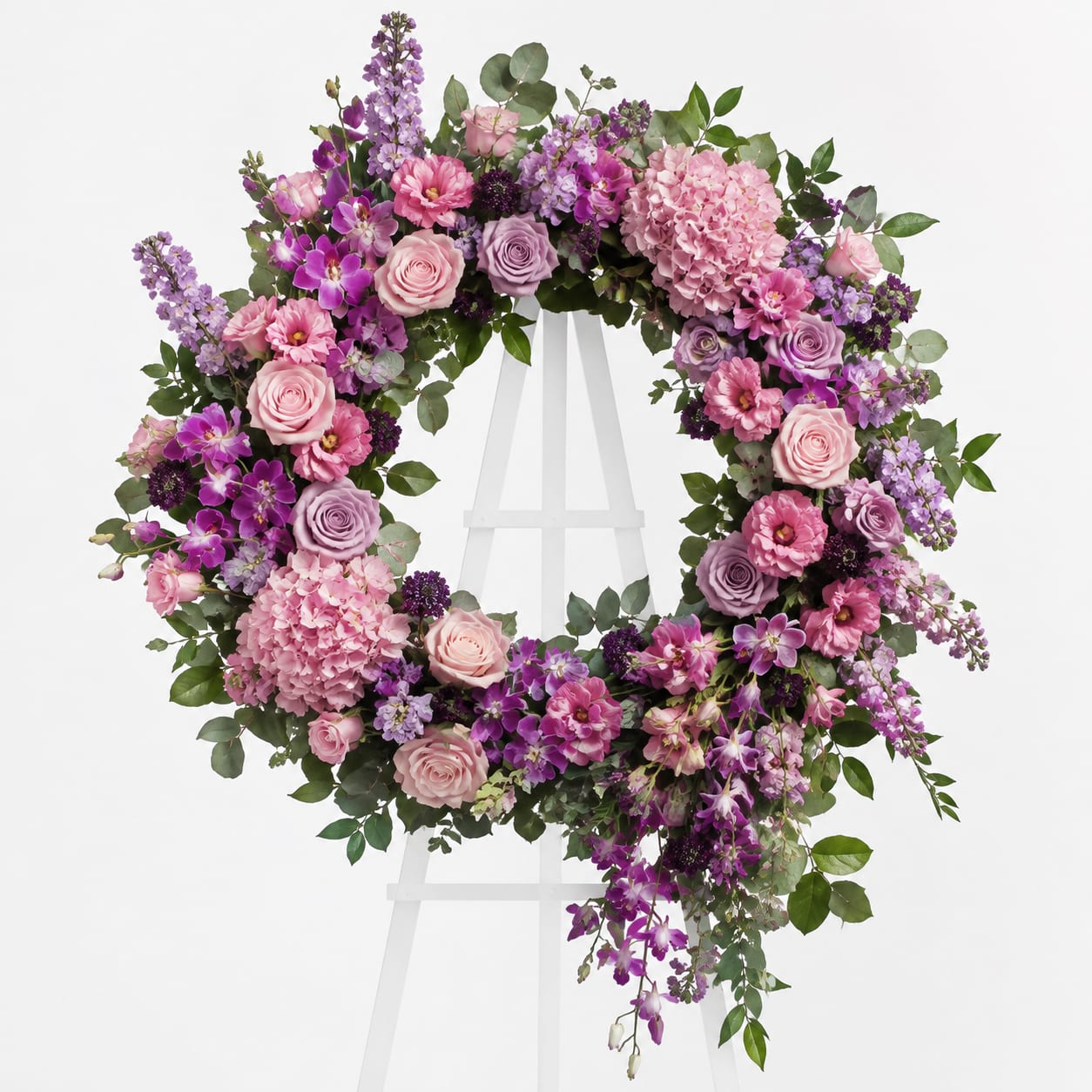 Pink and purple floral wreath on a white stand