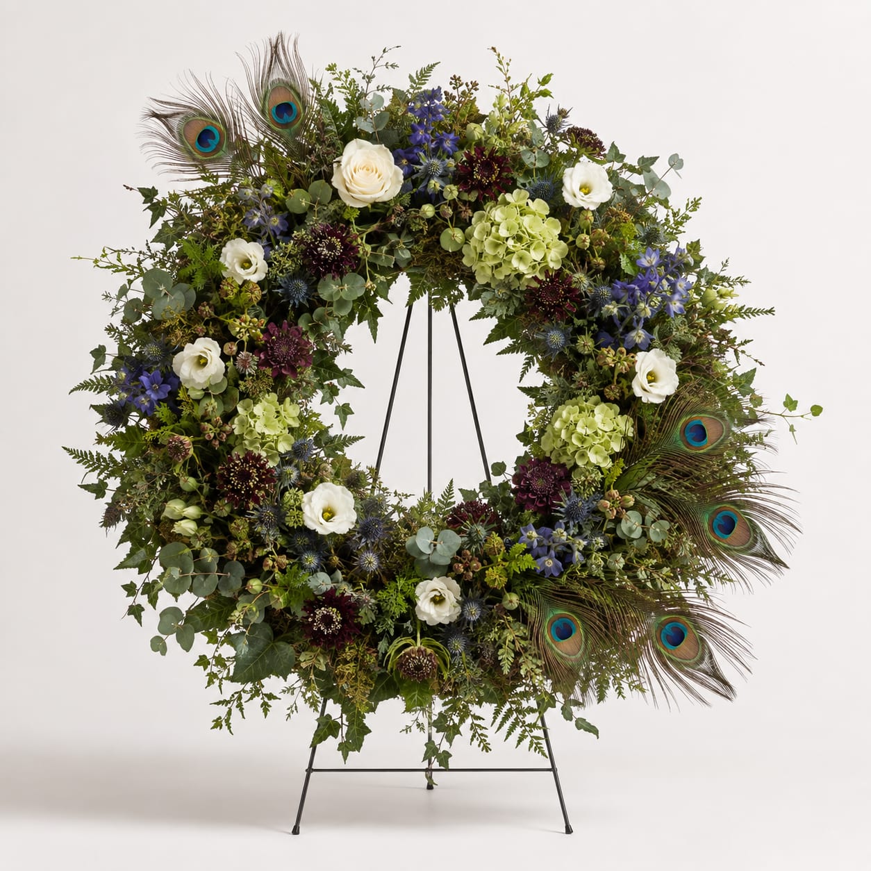 Large floral wreath with white roses, blue flowers, and peacock feathers on a stand