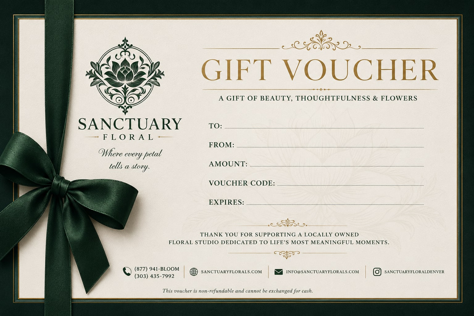 Floral gift voucher card with a dark green ribbon bow