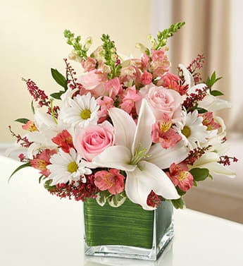 Healing Tears - Pink and White - Product ID: 95390  The elegant of our pink and white arrangement conveys your heartfelt condolences to friends and family. Gathered in a lovely cube vase by our florists, pink roses, snapdragons and heather mix with graceful white lilies and daisy poms to present a tasteful tribute. Elegant arrangement of fresh pink roses, pink snapdragons, white lilies, pink alstroemeria, white daisy poms and pink heather, accented with variegated pittosporum and myrtle Artistically designed by our florists in a classic clear glass cube vase lined with a Ti leaf ribbon; vase measures 5"H x 5"D Appropriate for the service or for sending to the home or office of friends and family members Large arrangement measures approximately 11"H x 11"L Medium arrangement measures approximately 10"H x 10"L Small arrangement measures approximately 9"H x 9"L Our florists hand-design each arrangement, so colors, varieties, and container may vary due to local availability Lilies may arrive in bud form and will open to full beauty over the next 2-3 days