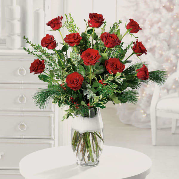 Holiday Roses - 12 Red Roses With Evergreens