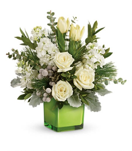 Teleflora's Winter Pop Bouquet - Celebrate the snowy season with this gorgeous winter-white bouquet, hand-delivered in a fresh green cube for a pop of modern style!