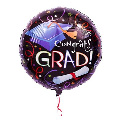 Round graduation balloon with a cap, diploma, and "Congrats Grad!" text