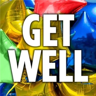 Colorful star-shaped balloons with the words GET WELL