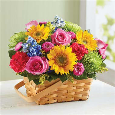 1-800-Flowers® Sunny Garden Basket™ - "There’s so much about a garden to inspire—vibrant colors, sweetly scented blooms... and that’s why we’ve captured it all in one charming basket! Filled with a beautiful mix of roses, sunflowers, daisies, and more, our hand-designed arrangement will inspire them to smile brighter, laugh longer... and delight in the moment forever. • Our florists hand-design each arrangement, so colors, varieties and container may vary due to local availability • One-sided arrangement of blue delphinium, sunflowers, pink roses, hot pink carnations and aster, green spider mums, solidago, and salal • Artistically designed in a splitwood handled basket that can later be used to hold mementos or as a décor item • Large arrangement measures approximately 16""H x 15""D • Medium arrangement measures approximately 14""H x 13""D • Small arrangement measures approximately 12""H x 11""D and include daisies instead of roses • Sunflowers may arrive with dark or light centers "