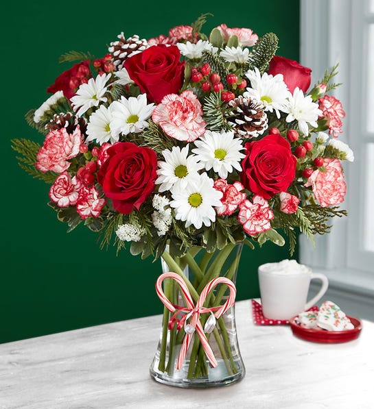 Red roses and white daisies in a glass vase with candy cane ribbon