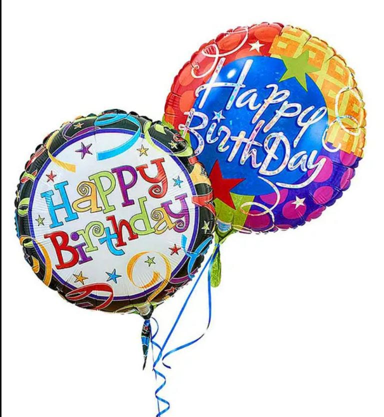 Two colorful birthday balloons with ribbon tails