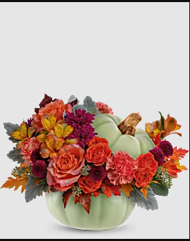Fall floral arrangement in a pale green pumpkin container