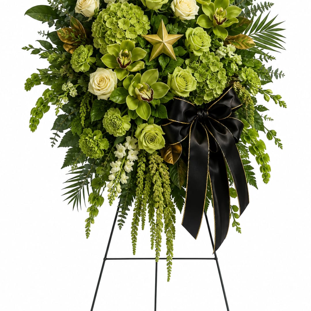 Green floral standing spray with white roses and a black ribbon on an easel