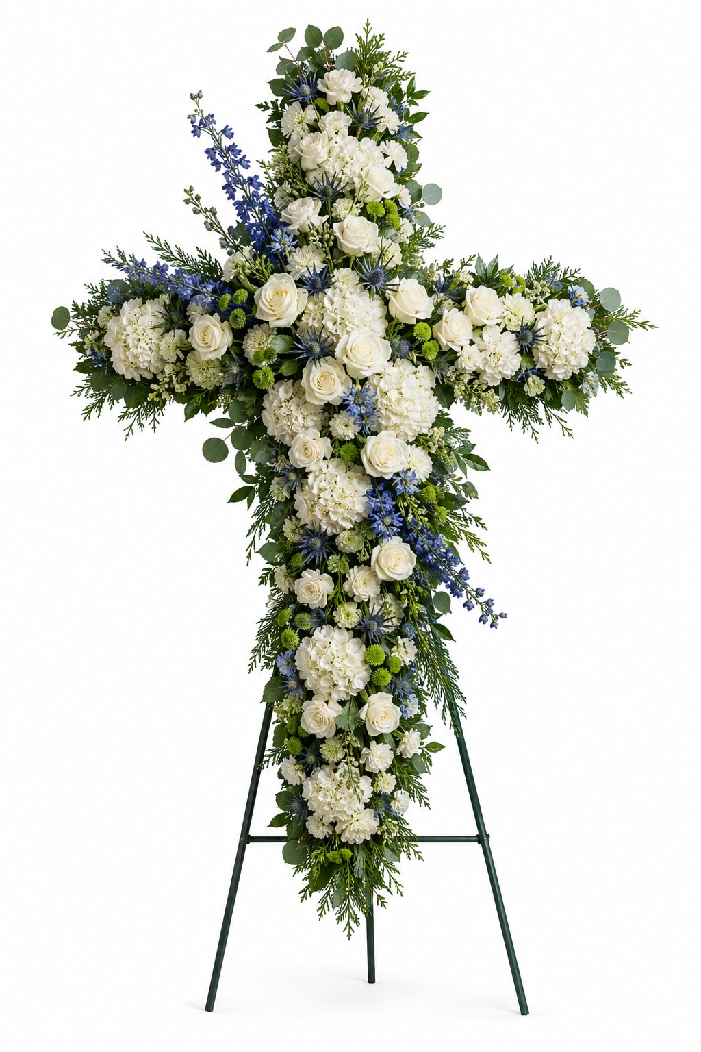 Cross-shaped floral standing spray with white roses and blue accents