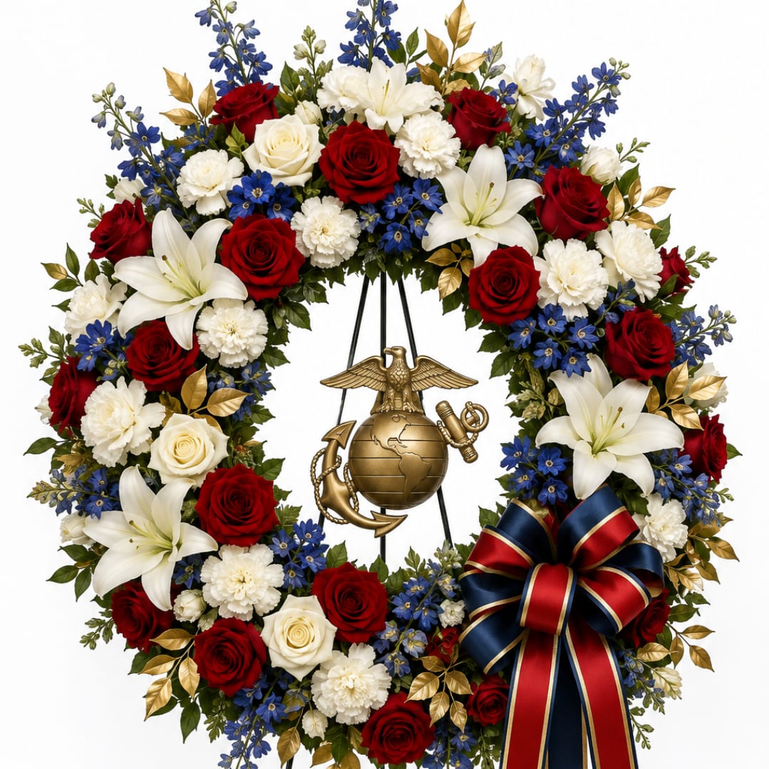 Circular wreath of red, white, and blue flowers with a patriotic emblem and ribbon