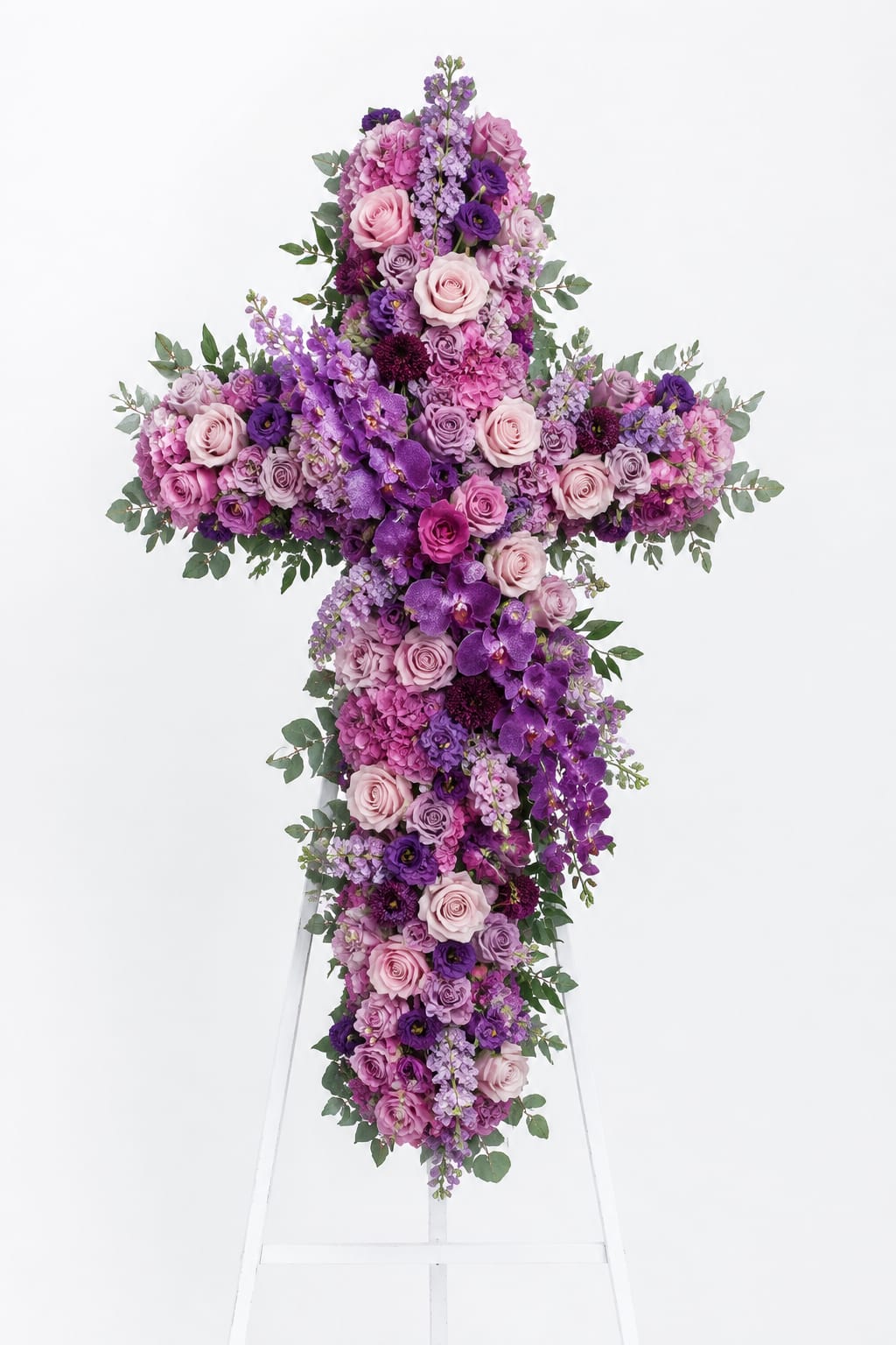 Purple and pink floral cross on a white stand