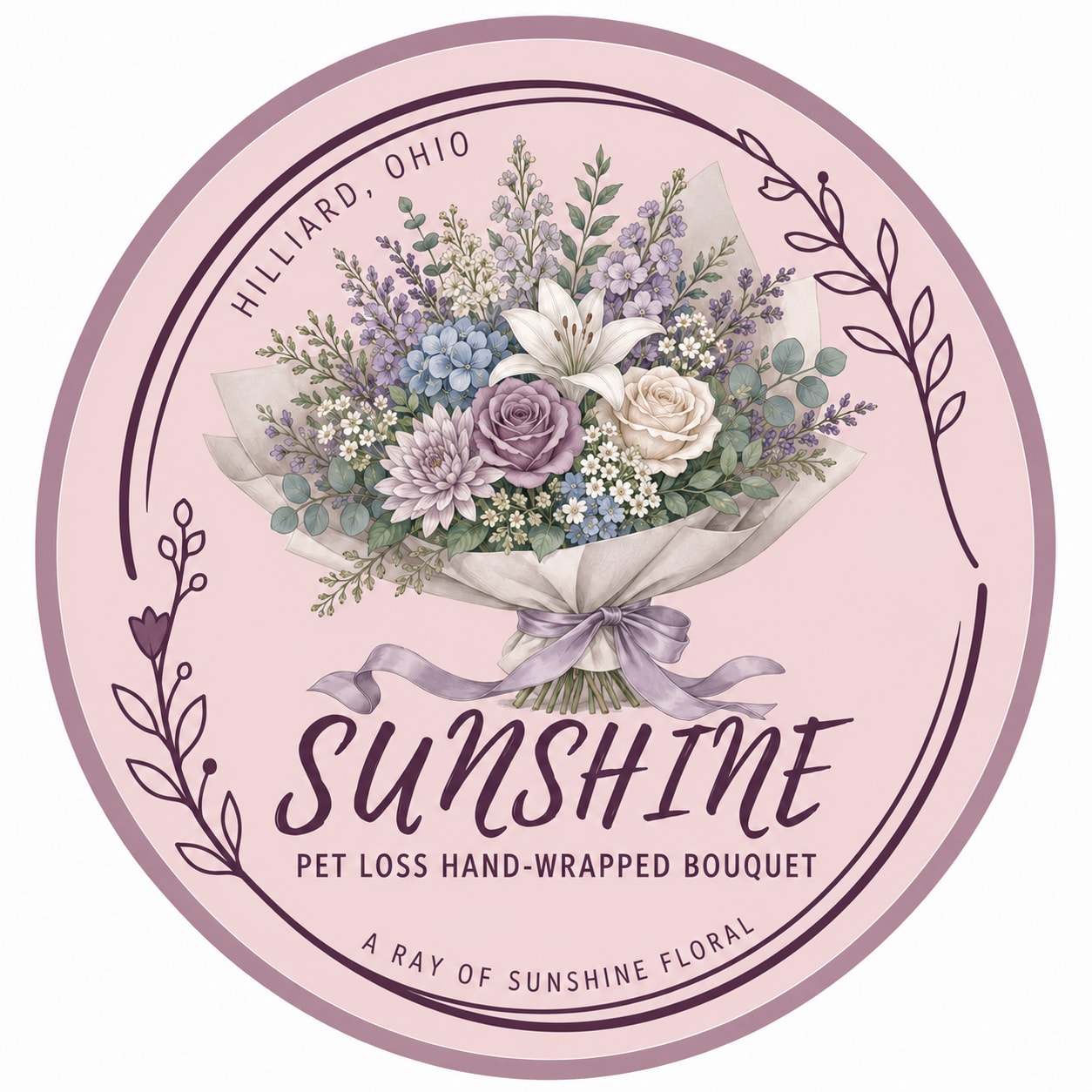 Round pink label with a pastel bouquet illustration and the word Sunshine.