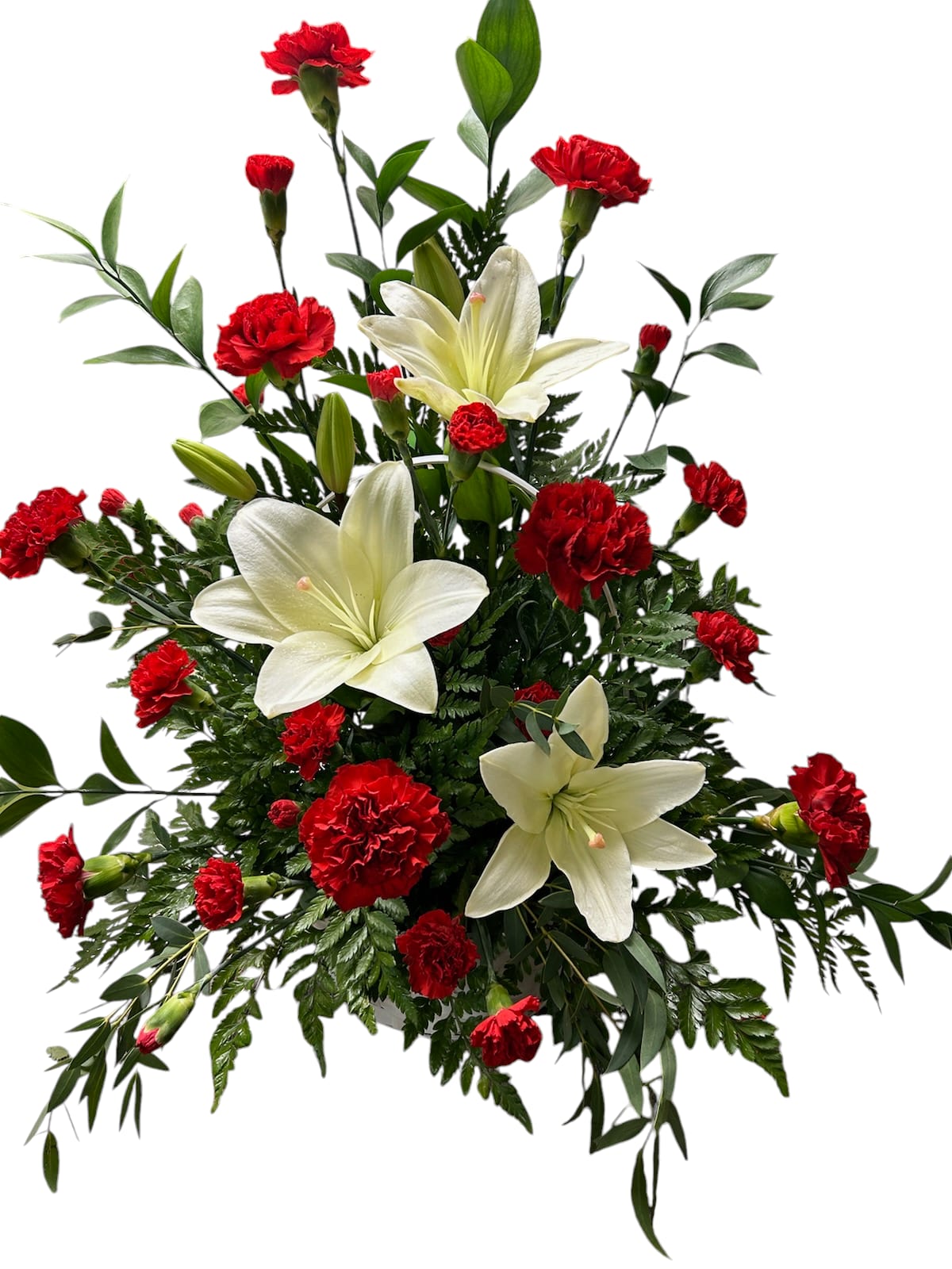 Remembrance Basket - Fresh white Asiatic lilies and carnations are mixed with rich greens in a wicker basket. A peaceful tribute for a beautiful life lived.  Approximate size: 24" H x 22"W 