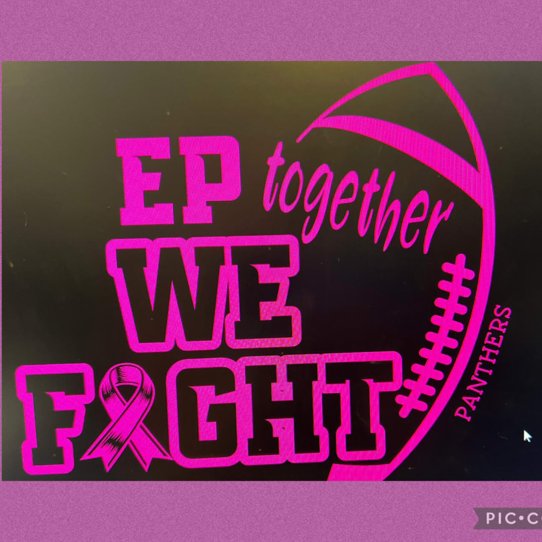 Pink breast cancer awareness graphic with football-themed text on a black background