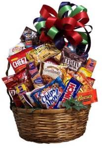 Basket of assorted snack bags topped with a large ribbon bow
