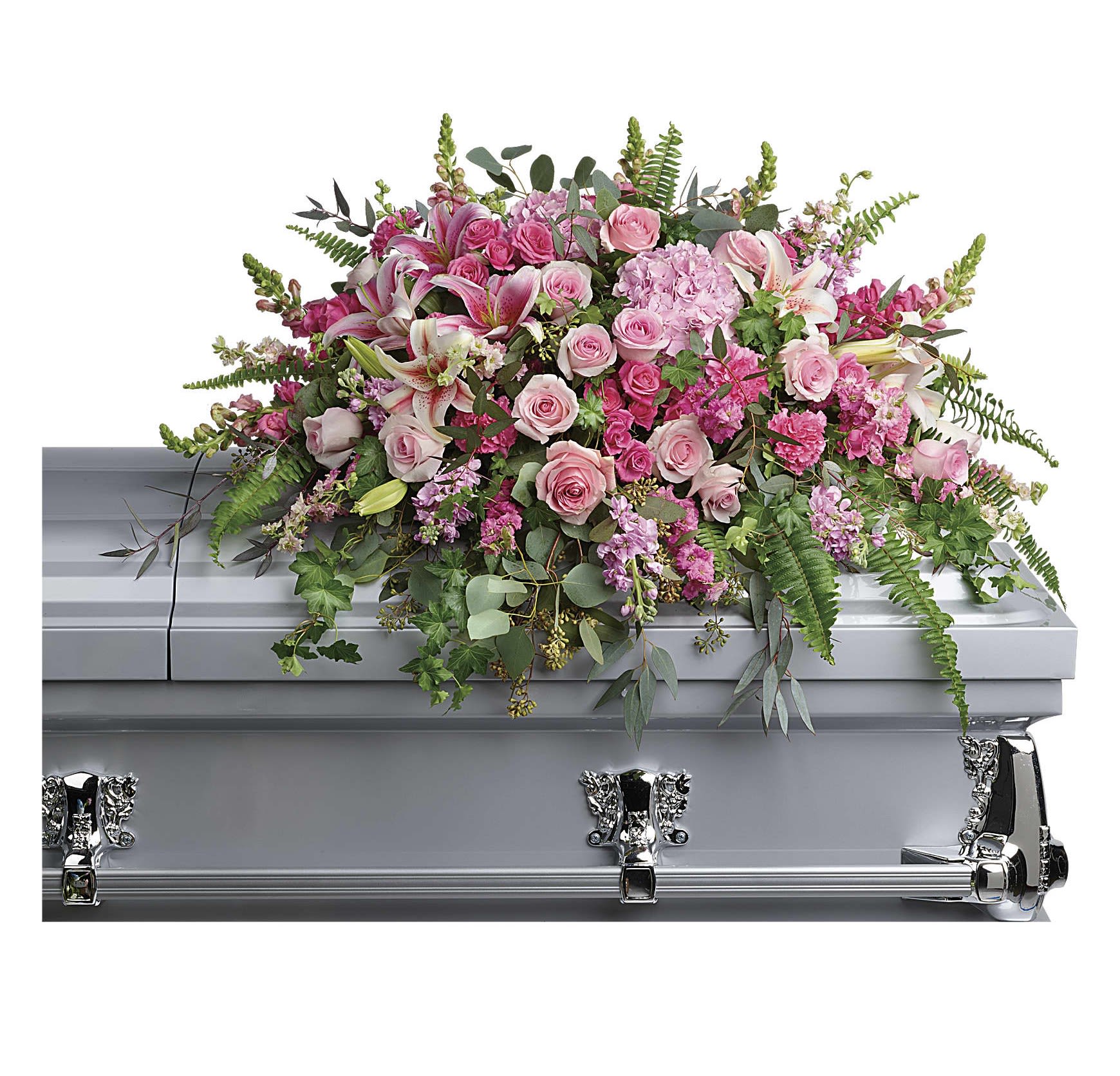 Pink floral casket spray with roses and lilies