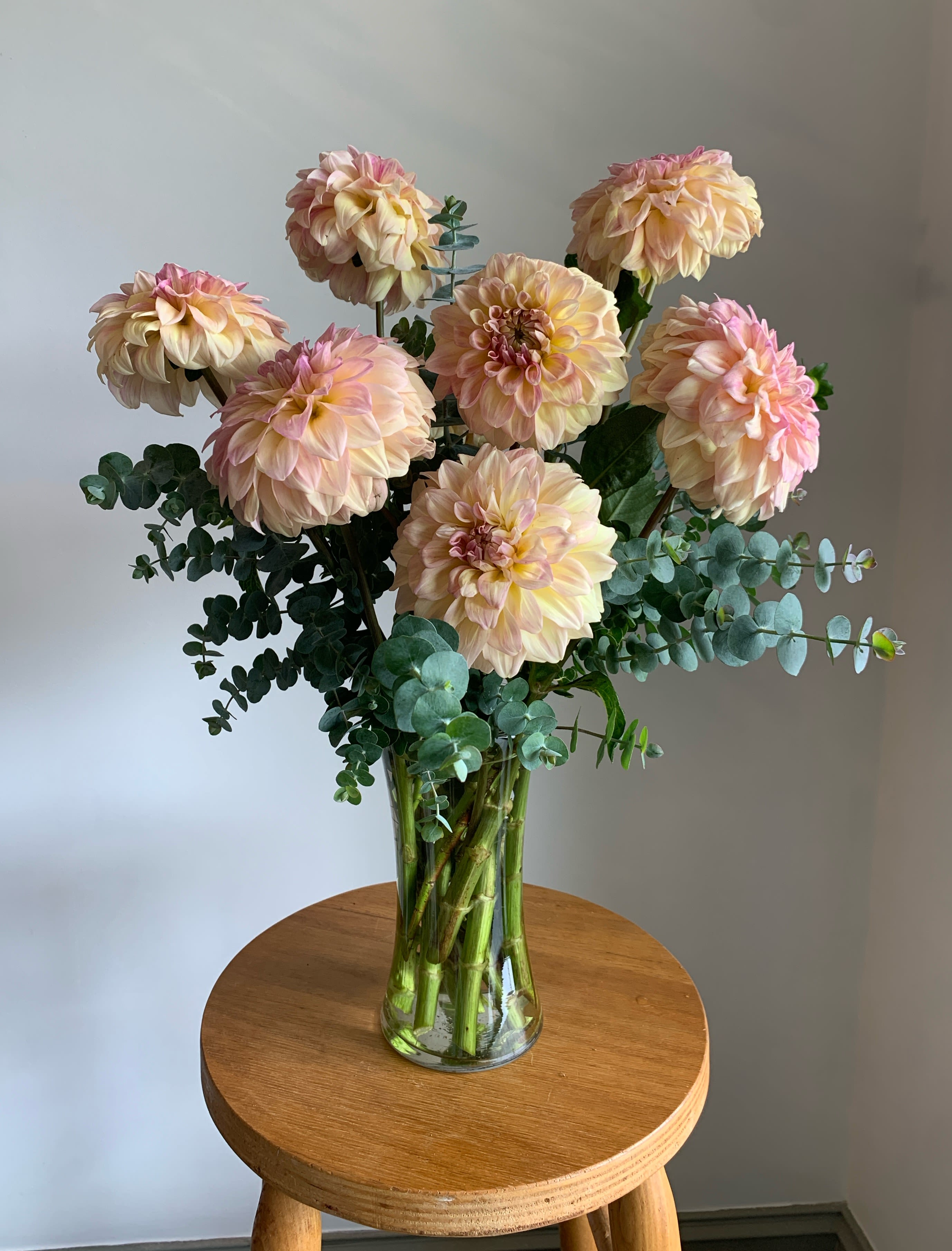 Peach-pink dahlias in a clear glass vase with eucalyptus