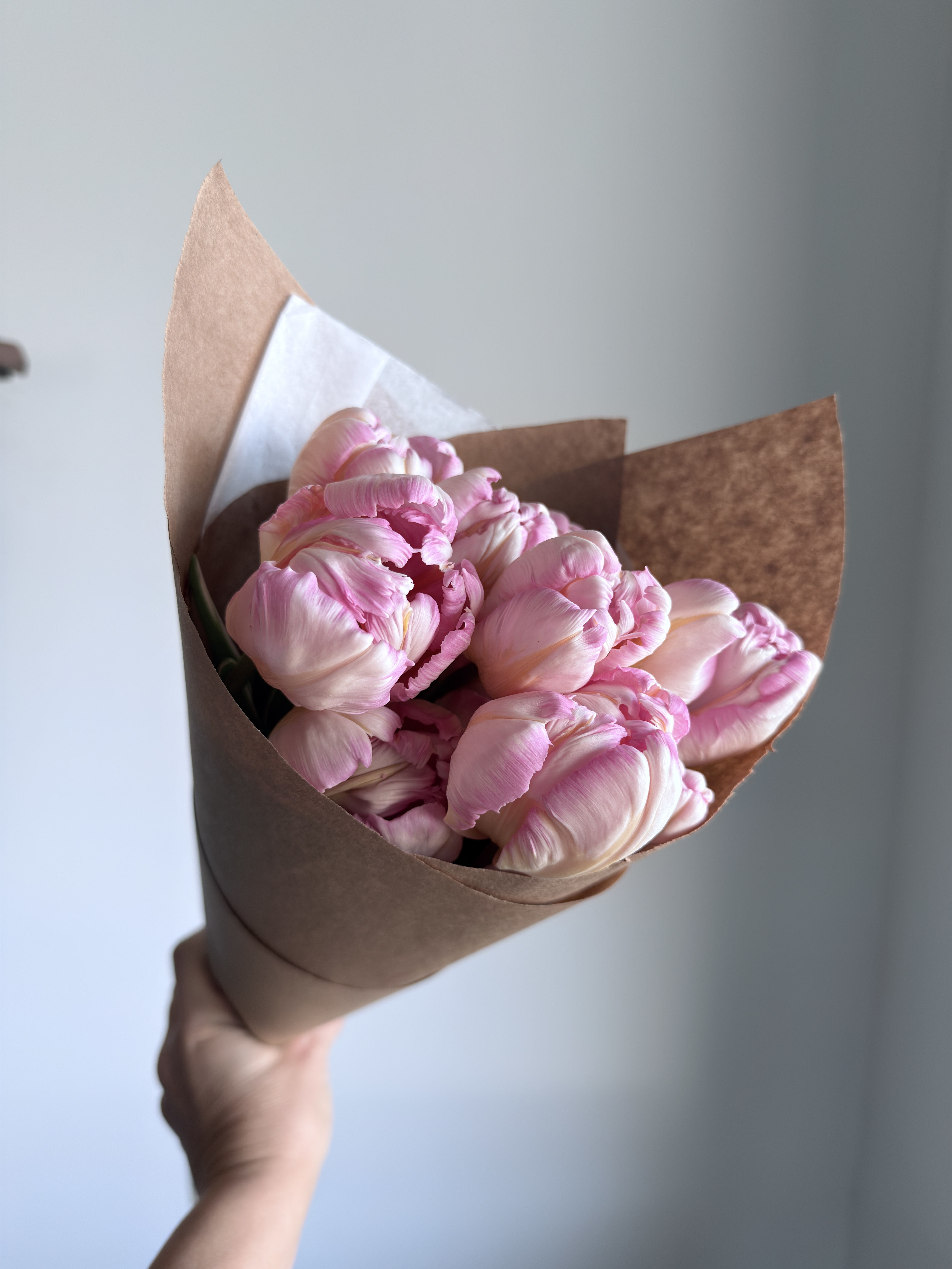 Bouquet of pink tulips wrapped in brown paper