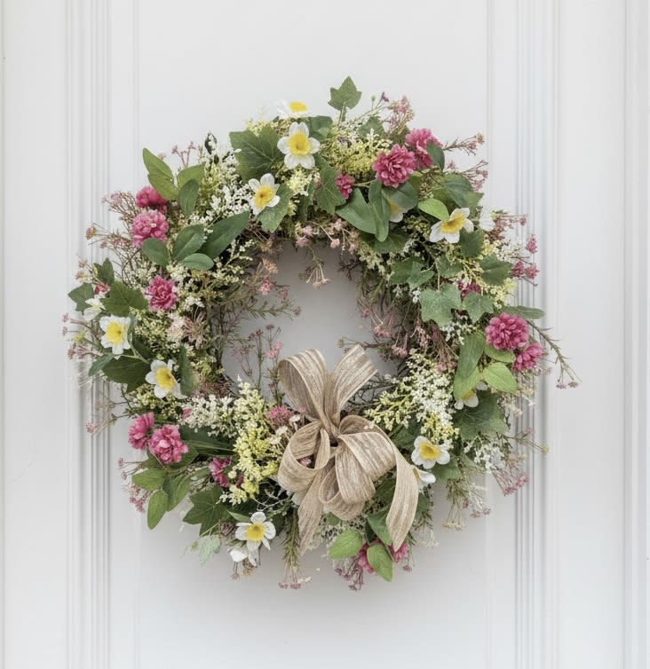 Spring Blooms Wreath  - A 22” diameter wreath made of all artificial flowers to withstand outdoor elements. Bring a touch of spring colors to your front door or any door in your home! 