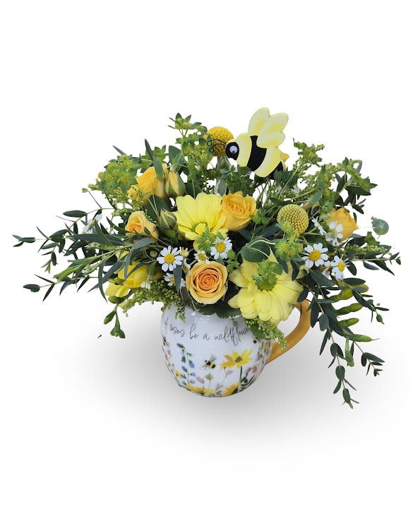 Sweet Buzz - Sweet Buzz is a charming keepsake bee mug filled with fresh seasonal blooms in a bright, garden-inspired mix. A sweet little pick-me-up that can be enjoyed long after the flowers are gone.  Approx. 10" x 11"