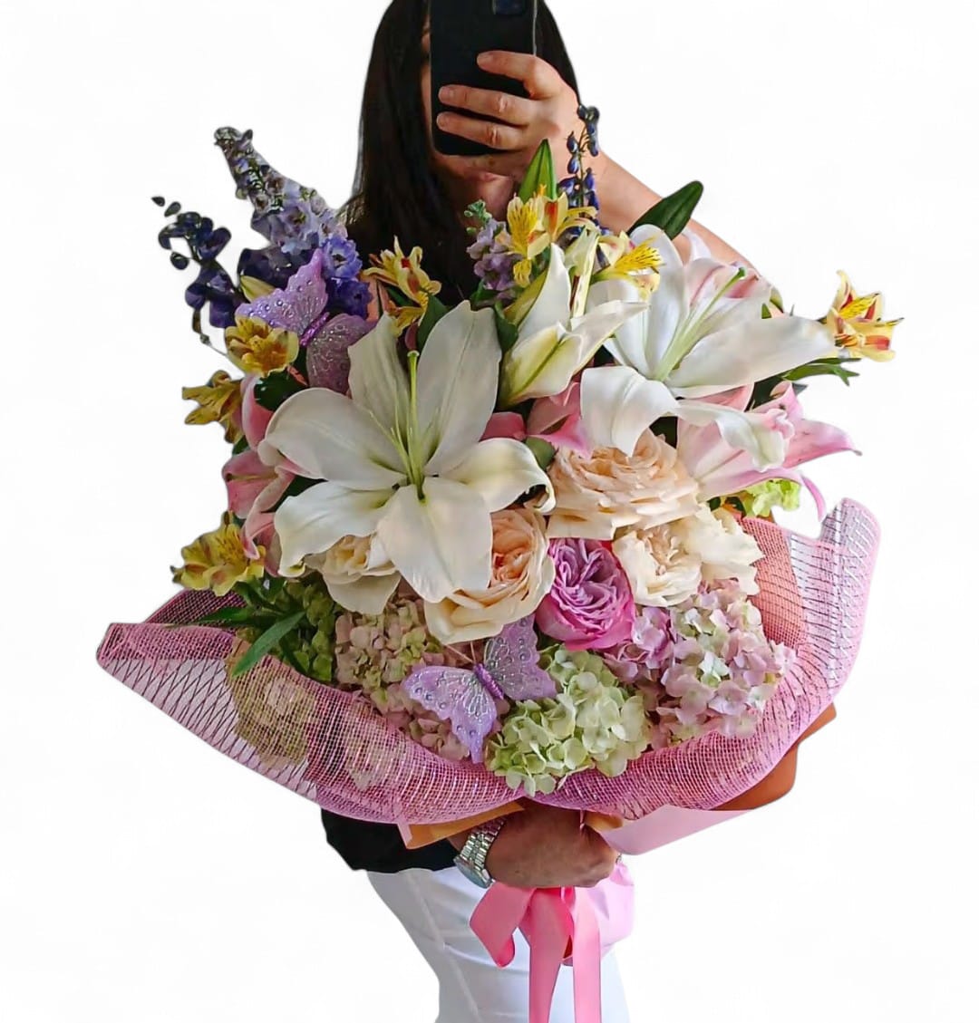 You're So Pretty Pink Bouquet - Pretty all pink and white seasonal bouquet filled with premium pink roses, lavish hydrangeas, fragrant stock  cheerful daisies, elegant orchids and so much more wrapped in my signature style with long flowing ribbons and butterflies. Send beautiful.