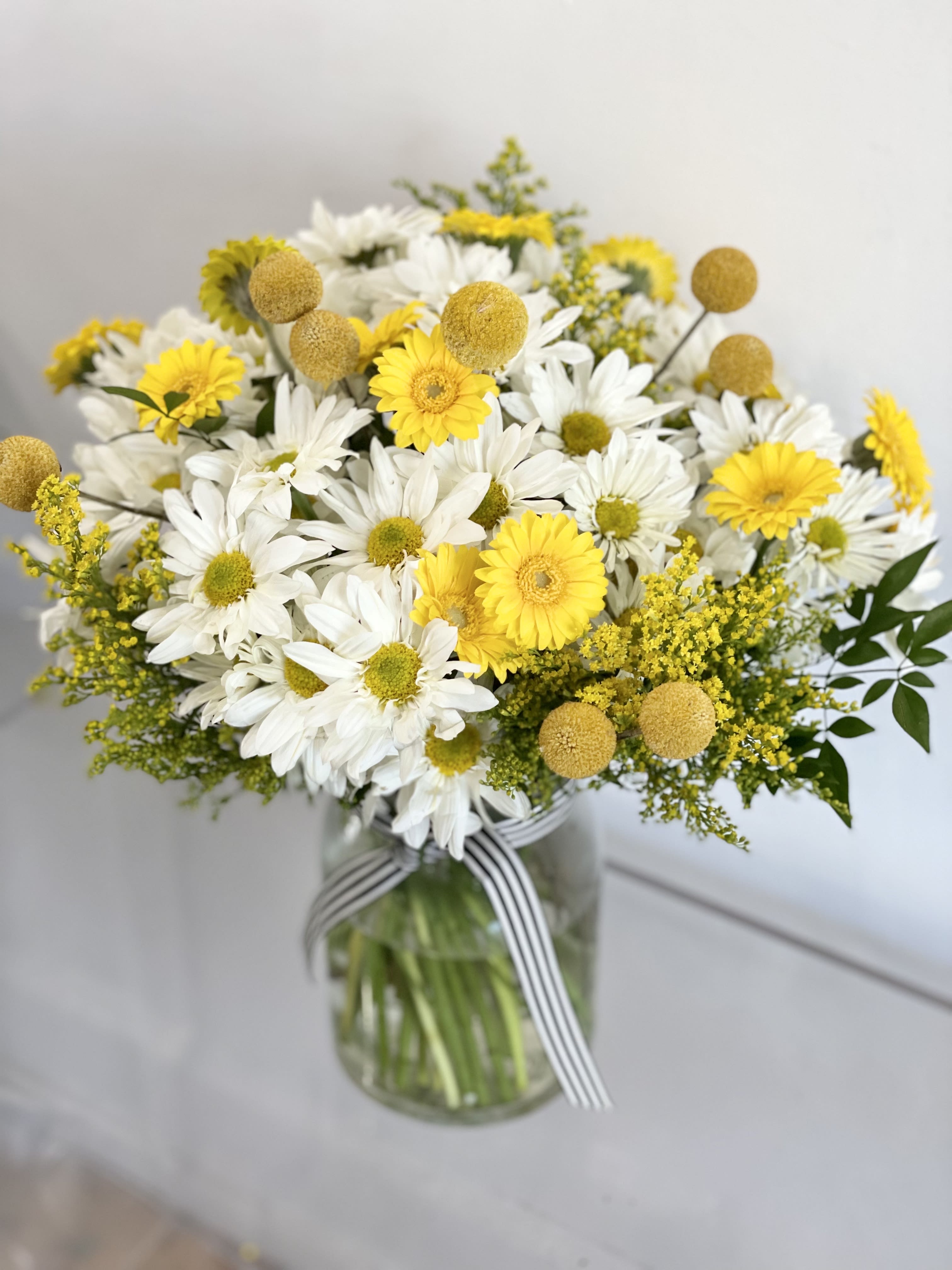 Daisy Dukes - The sweetest daisies you ever did see! A full happy arrangement set in a jug style vase tied off with a French striped ribbon.  This colorful arrangement features daisies, structural billy balls, cute  mini gerbers, solidago and greens. 